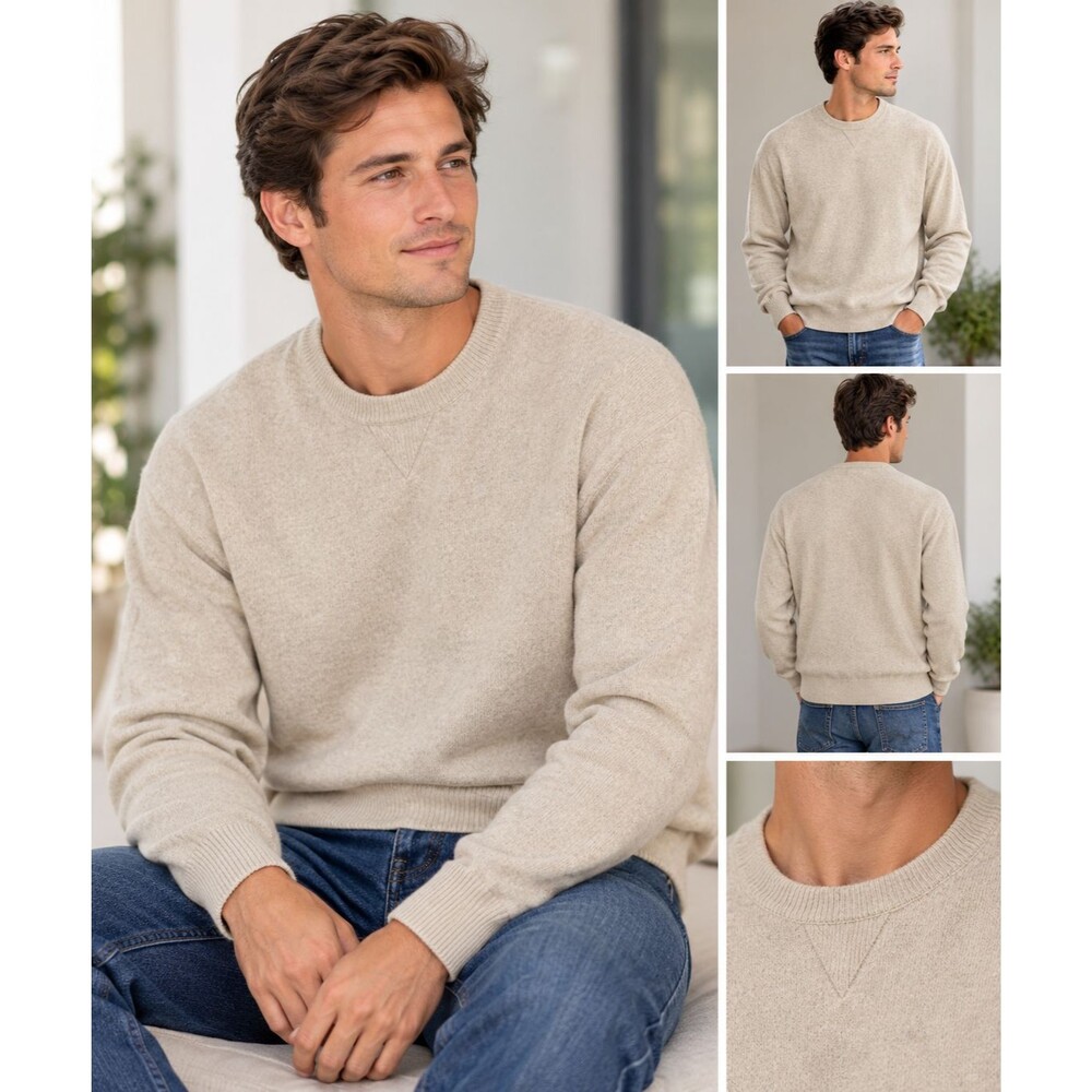 100% Cashmere 2-Ply Beige Collared Neck Sweater Beige Pullover Men's Large